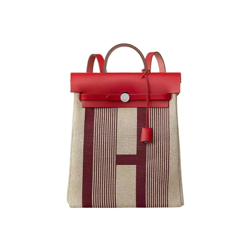 HERMES Herbag Zip Холст и Кожа Сумка Рюкзак Унисекс Бордовый Красный Светлый Тауп Чили Красный Бежевый