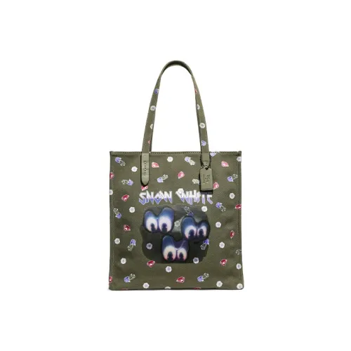 COACH Disney Коллаборация Recycled Tote Холст с печатью Тоут Сумка Сумка для покупок Сумка на плечо Большая Женская Армейский зеленый