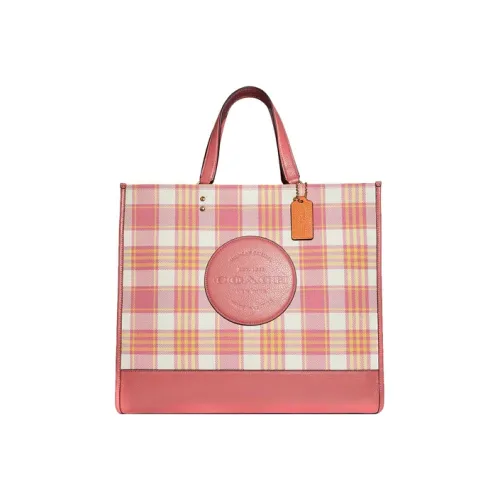 COACH Dempsey Ткань с коровьей кожей Сумка через плечо Сумка Большая Женская Розово-бежевая Клетка