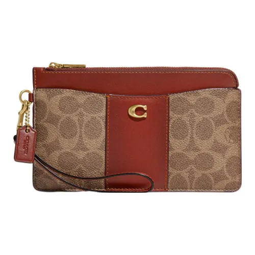 COACH L Zip Холст с кожей Запястье Сумка Мелочь Кошелек Женские Коричневый