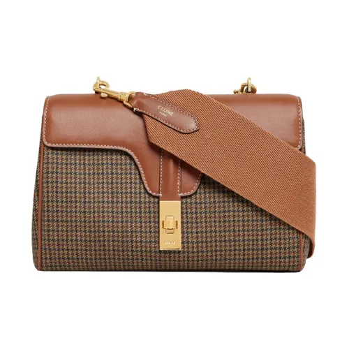 CELINE 16 Клетка Мягкая Шерстяная Ткань с Телячьей Кожей Сумка через плечо Женская Бежевая Коричневая