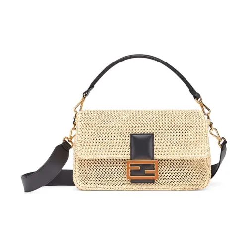 FENDI Baguette Ткани вязаные Солома С кожаными вставками Багетная сумка Сумка через плечо Сумка Большая Женская Бежевая