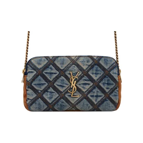 SAINT LAURENT BECKY Denim с замшей Сумка через плечо Стандартная Женская Джинсовый синий Коричневый