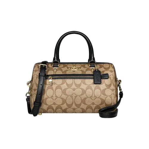 COACH Rowan Монограмма Холст и Кожа Одно Плечо Ручная Сумка Сумка через плечо Большая Женская Светло-Коричневая Черная Рамка