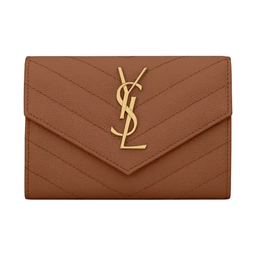 SAINT LAURENT Монограмма Quilted Кожа Укороченный С откидной крышкой Конверт Кошелек Маленький Женские Темный Натуральный Коричневый