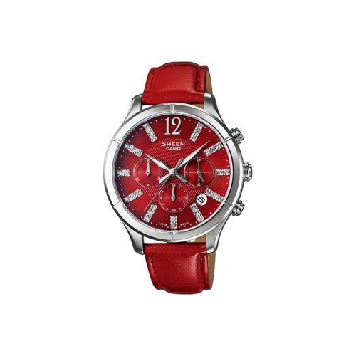 CASIO SHEEN Collection Кварцевый механизм натуральная кожа ремешок часы женские красный циферблат SHE 5020L 4A2021