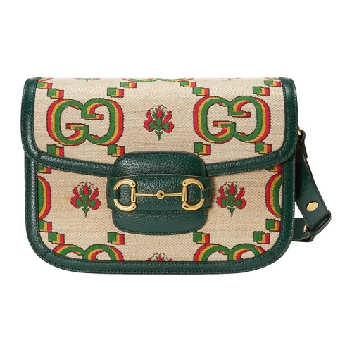 GUCCI Horsebit 1955 Жаккард С кожаными вставками Седло Сумка Сумка через плечо Маленький Унисекс Бежевый зеленый