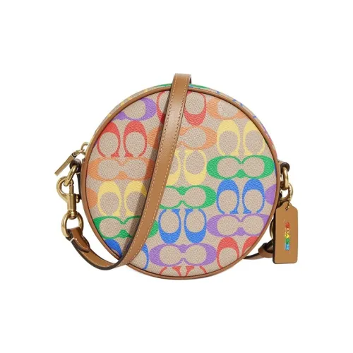 COACH Круглая Сумка через плечо с холщом и кожей средний размер женская коричневый радужный с принтом