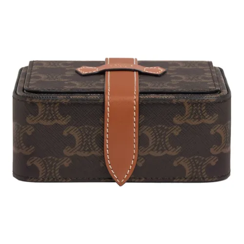 CELINE Triomphe Холст и Кожа Шкатулка для украшений Сумка для туалетных принадлежностей Сумка для макияжа Маленькая сумка для макияжа унисекс рыжевато-коричневый