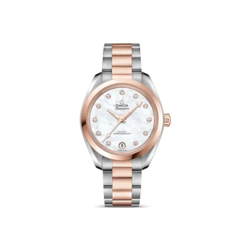 OMEGA Автоматический Механический Часы для Женщин 34 мм Белый Циферблат Нержавеющая Сталь Sedna Ремешок из 18К Золото