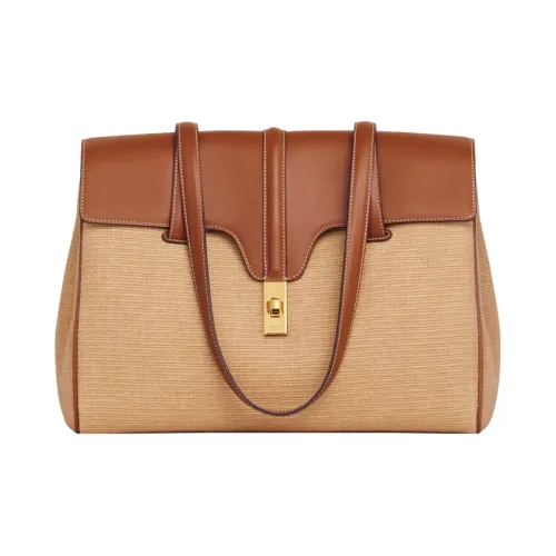 CELINE 16 Текстиль Коровья кожа Сумка через плечо Тоут Средний Женский Бежевый Коричневый