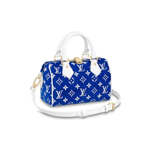 LOUIS VUITTON Speedy Жаккард Фланель с Коровьей Кожей Сумка Сумка через плечо Сумка через плечо Женская Темно-Синяя
