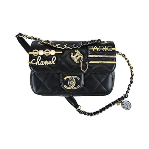 CHANEL Lambskin One Shoulder Handbag Crossbody Bag Small Women's Black