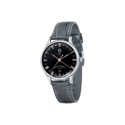 DUFA Кварцевый механизм Унисекс Часы на запястье 38 мм Черный циферблат Корпус из нержавеющей стали Ремешок из натуральной кожи DF 9006 08