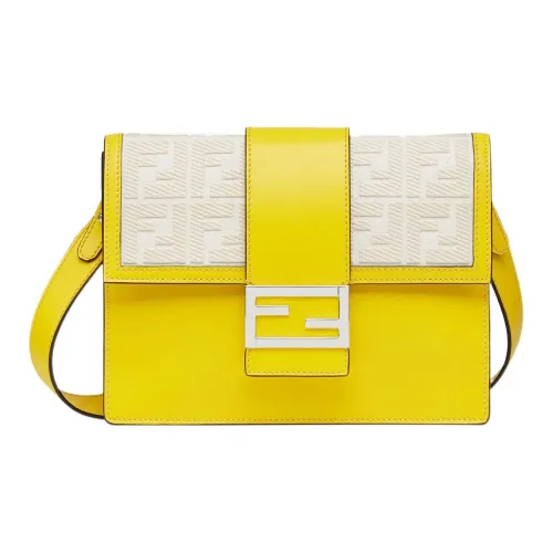 FENDI Baguette Холст с кожей Багетная сумка Сумка через плечо Средняя Мужская Ярко-желтый Бежевый