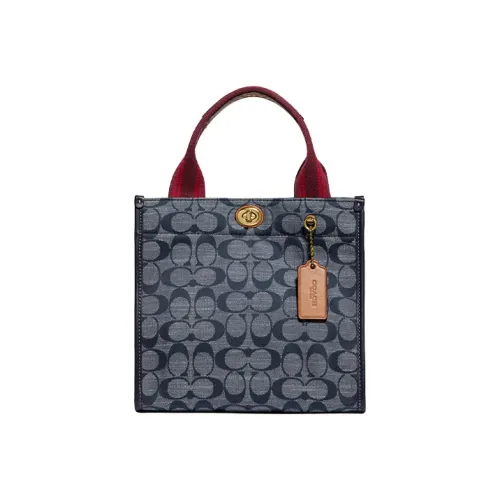 COACH Льняная ткань с дубленой кожей Тоут Сумка Сумка для покупок Сумка Маленькая Женская Джинсовый синий