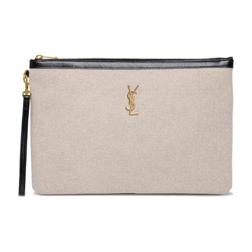 SAINT LAURENT Холст и кожа Клатч Женский Бежевый Черный