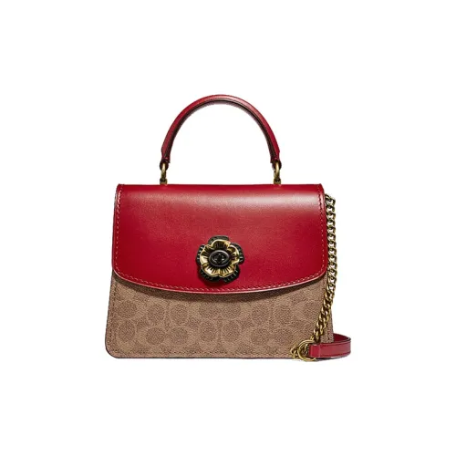 COACH Покрытый холст телячья кожа сумка с цепочкой сумка через плечо маленькая женская красный многоцветный монограмма