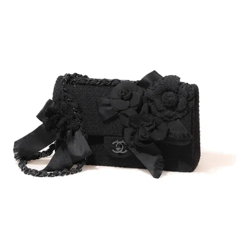 CHANEL Classic Flap CF Embroidery Twill Soft Wool Shoulder Bag Women's Black