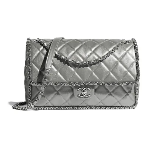 CHANEL Металл Телячья кожа And Серебряный Металл Сумка на плечо Большой Женская Серебряная