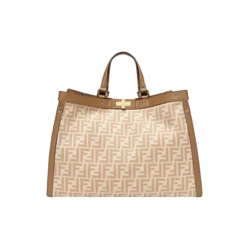 FENDI Шерсть с кожаными вставками Тоут Сумка Сумка для покупок Сумка на плечо Сумка среднего размера Женская Бежевая