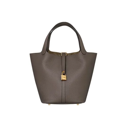 HERMES Picotin Lock Clemence Bullock Кожа Корзина Сумка Ведрообразная Сумка Женская Сумка 8F Gris Etain Олово-Серый