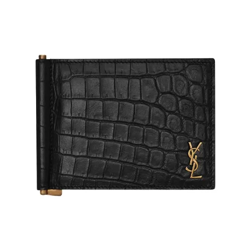 SAINT LAURENT Монограмма Телячья кожа Тисненый Матовая кожа чековая зажимка Кошелек Маленький Мужской Черный