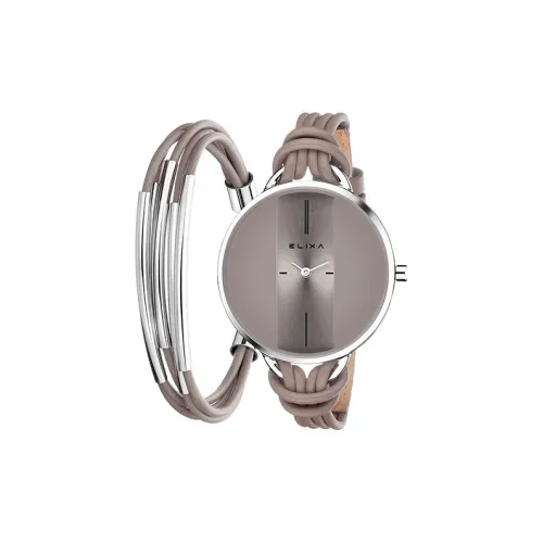 Elixa Кварцевый механизм Женские часы Серый циферблат Корпус из нержавеющей стали Натуральная кожа Ремешок E096 L375