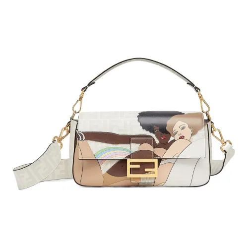 FENDI Baguette Кожа Инкрустированная Норковым мехом Сумка через плечо Сумка среднего размера Женская Светло-розовая и Белая