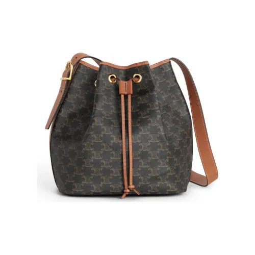 CELINE Triomphe Холст Телячья кожа Ведрообразная сумка Сумка через плечо Сумка через плечо Большая Женская Рыжевато-коричневая