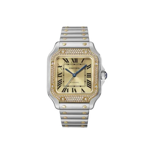 Cartier Часы Santos De Cartier Модель Среднего Размера, Механизм С Автоматическим Подзаводом, Желтое Золото, Сталь, Бриллианты, Два Сменных Браслета: Металлический Браслет И Ремешок Из Кожи