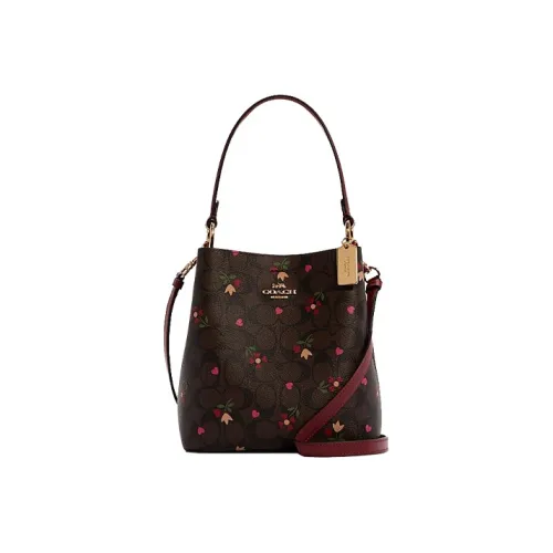 COACH Town Холст и Кожаная Сумка-ведро Сумка Сумка через плечо Сумка через плечо Маленькая Женская Коричневая и Бургунди