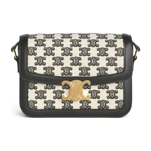 CELINE Triomphe Вышивка Ткань и Коровья Кожа Сумка Сумка через плечо Средняя Женская Черная и Белая