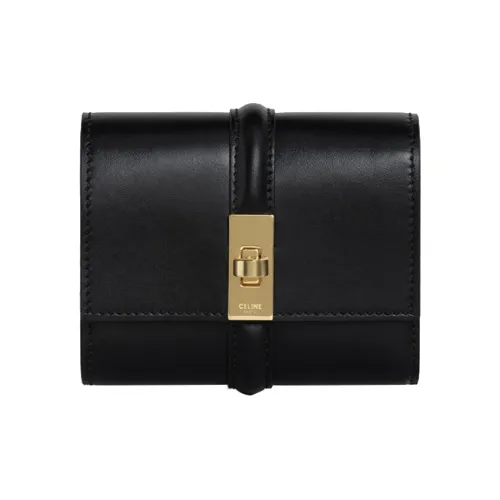 CELINE 16Tri Fold Блестящий Коровья кожа Кошелек Маленький Женский Черный