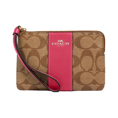 COACH Кожа Ручная Мелочь Запястье Сумка Маленькая Сумочка Маленькая Женская Фуксия и Коричневый Монограмма