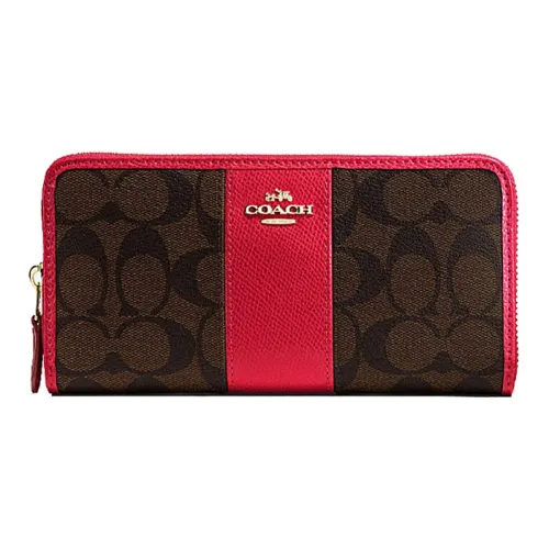 COACH Accordion Zip Монограмма Холст и Кожа Кошелек Женские Красный и Темно-Коричневый Монограмма