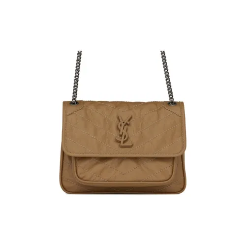 SAINT LAURENT Niki Телячья кожа Сумка-хобо Сумка через плечо Мини Женский Коричневый Желтый