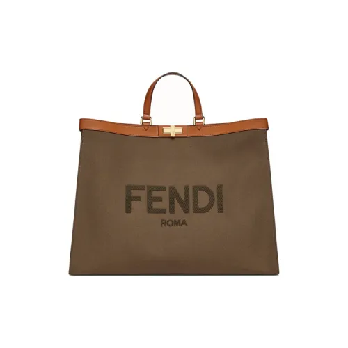 FENDI Peekaboo Кожаная отделка Холст Тоут Сумка Сумка для покупок Сумка Большая Унисекс Армейский зеленый
