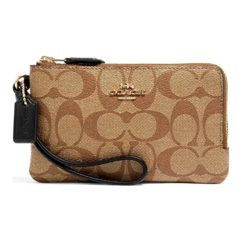 COACH Corner Zip Покрытый холст с кожаными вставками сумка на запястье кошелек для монет клатч женский хаки с монограммой