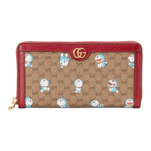 GUCCI Doraemon Collaboration Холст с кожей Длинный Кошелек на молнии Унисекс Эбеновый Красный