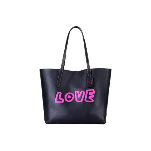 COACH X Keith Haring Hudson Телячья кожа Сумка-тоут Сумка через плечо Большая Женская Черная Персиково-красная
