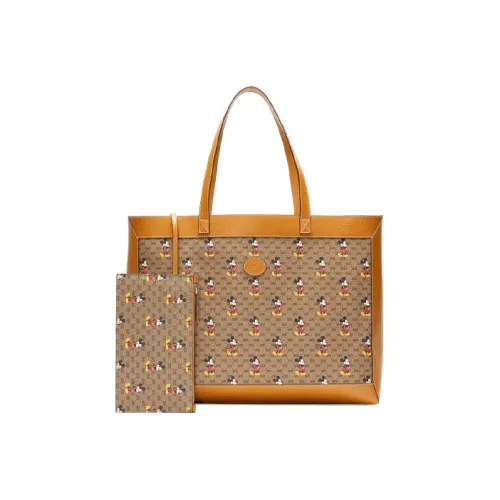 GUCCI Disney Коллаборация Холщовая кожа Тоут сумка Сумка для покупок Сумка на плечо Сумка среднего размера Унисекс Эбеновое дерево Коричневый