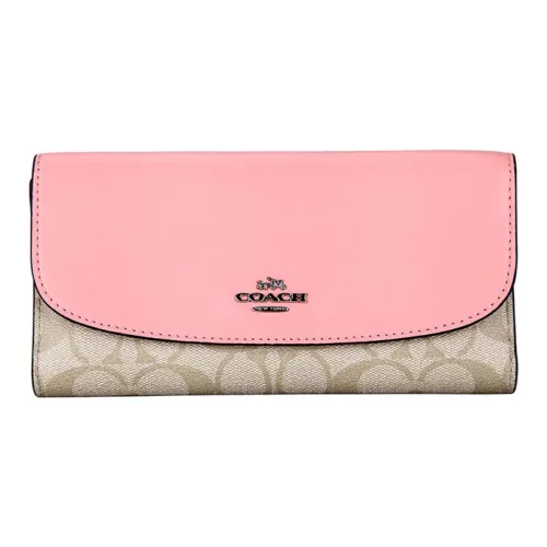 COACH Checkbook Wallet из ПВХ (поливинилхлорид) с вставками из кожи кошелек для женщин светло-хаки розовый