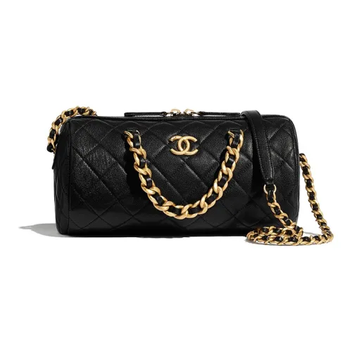 CHANEL Телячья кожа с золотым оттенком металлическая сумка для боулинга сумка через плечо женская черная