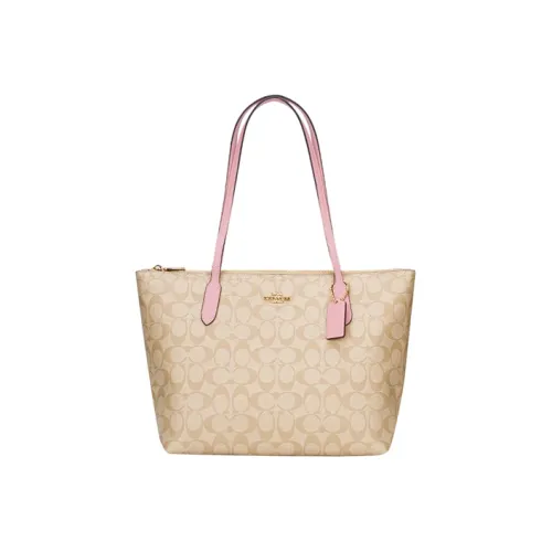 COACH Zip Top Tote PVC с кожей Сумка на плечо Средняя Женская Светлый хаки и Вишневый цветок Розовый