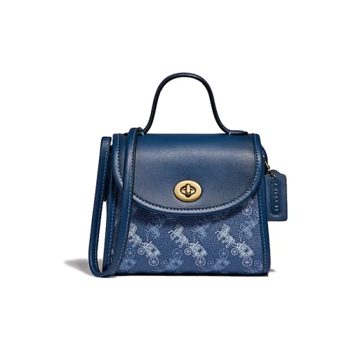 COACH Turnlock Покрытый холст с кожаными вставками Сумка Сумка через плечо Сумка через плечо Маленькая Женская Аутентичная Джинсовая