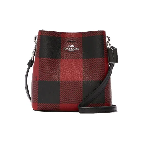 COACH Town Холст и Кожаная Сумка-ведро Сумка через плечо Маленькая Женская Черная и Красная