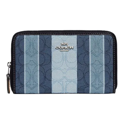 COACH Zip Around Классический Жаккардовая ткань с кожаными вставками кошелек для монет клатч кошелек маленький женский синий