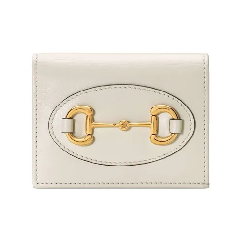 GUCCI Horsebit 1955 Кожа Двойной Складной Кошелек Держатель для Карт Женский Белый