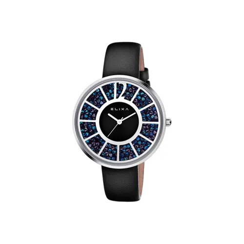 Elixa Кварцевый механизм Женские часы 40 мм Черный циферблат Корпус из нержавеющей стали Ремешок из натуральной кожи